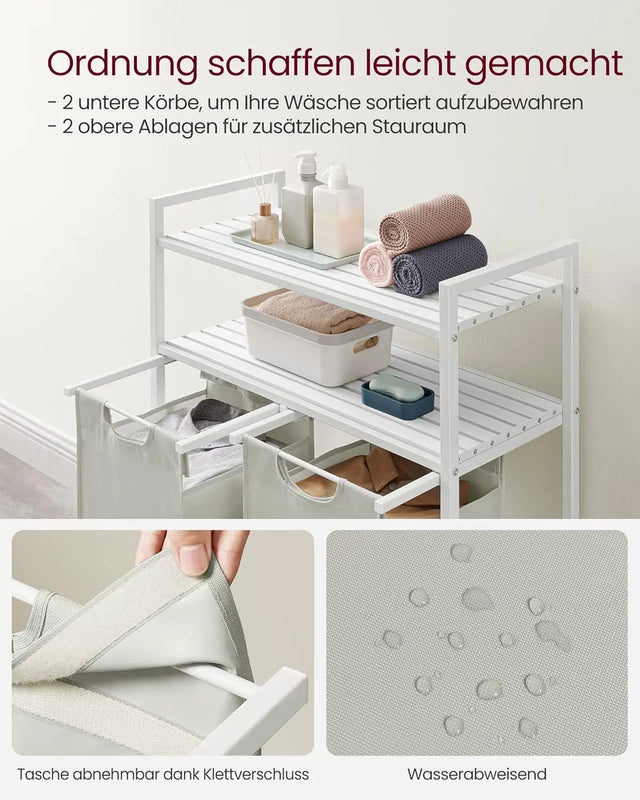 Wäschekorb mit 2 Fächern und 2 Ablagen, ausziehbar, weiss von Songmics