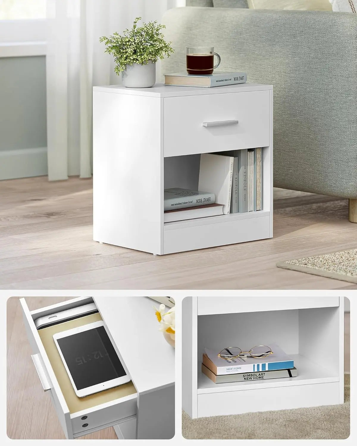 Nachttisch mit Schublade 2er Set Weiss Holz von Songmics