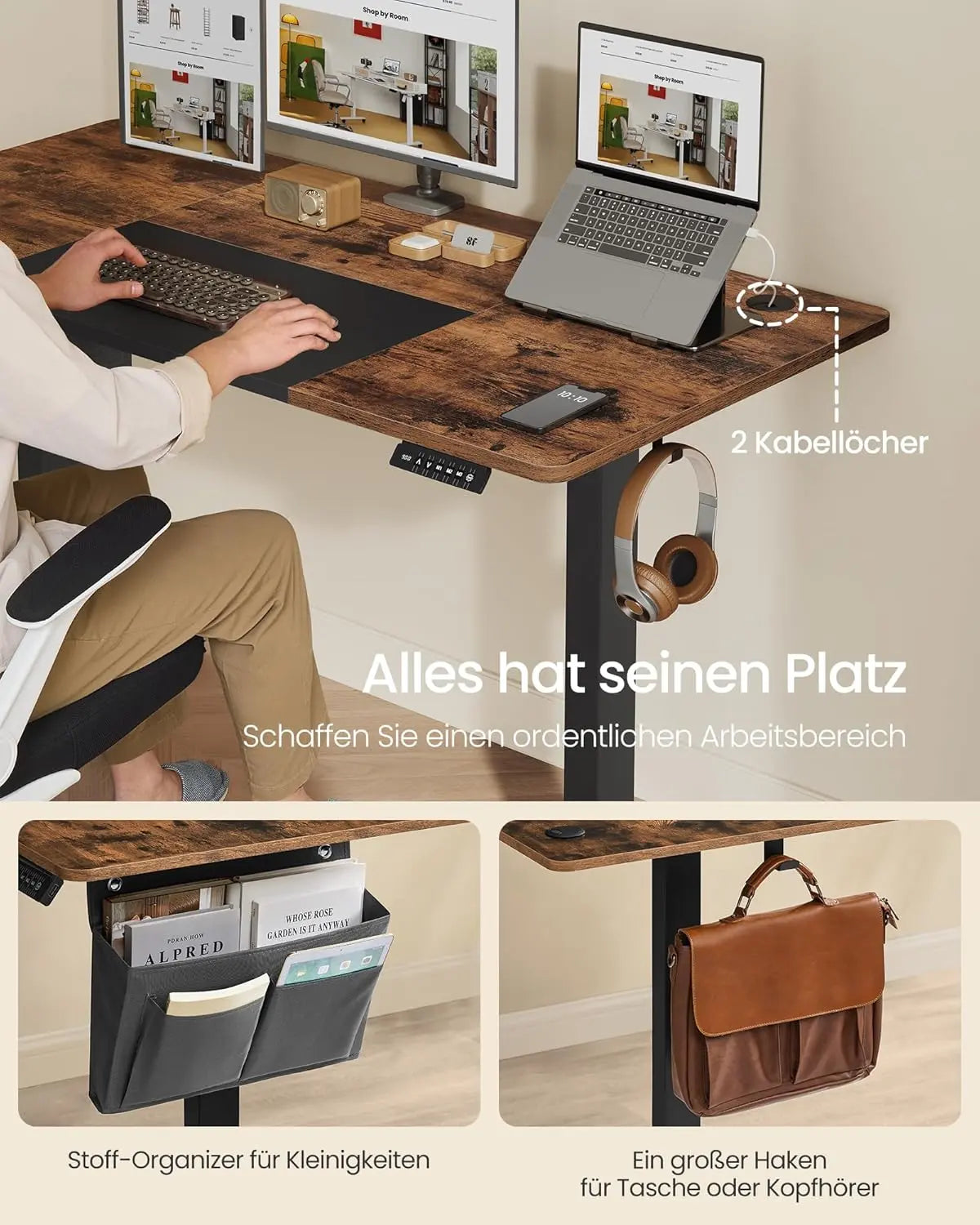 Schreibtisch elektrisch höhenverstellbar Memory-Funktion vintagebraun von Songmics