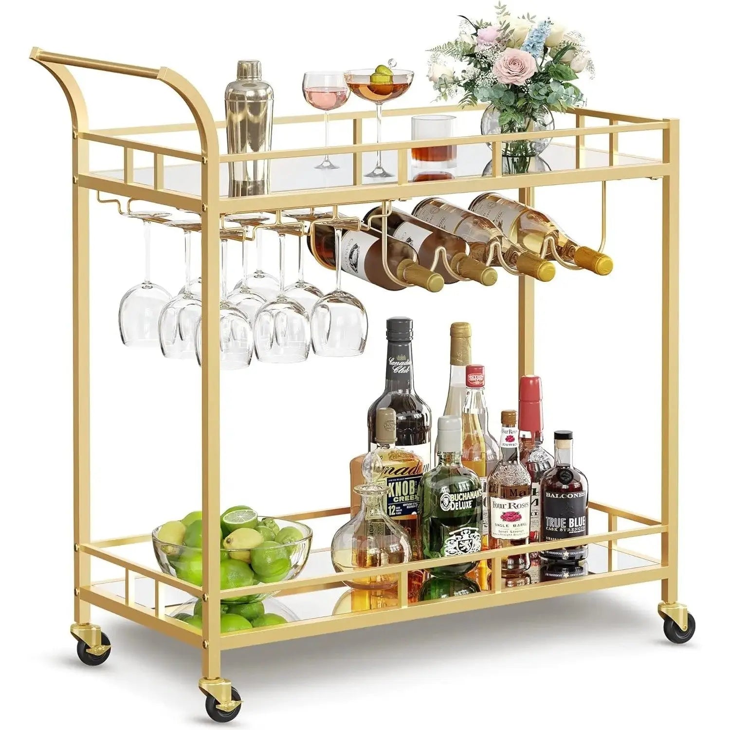Servierwagen mit Gläserhalter und Glasablagen goldfarben von Songmics