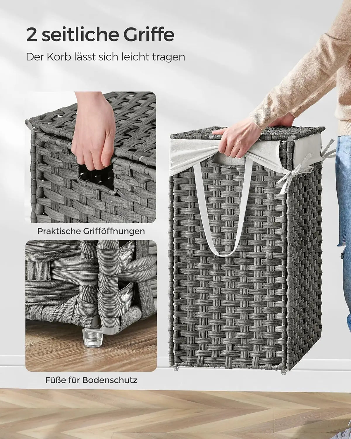 Wäschekorb Rattan Faltbar 90L Taubengrau von Songmics