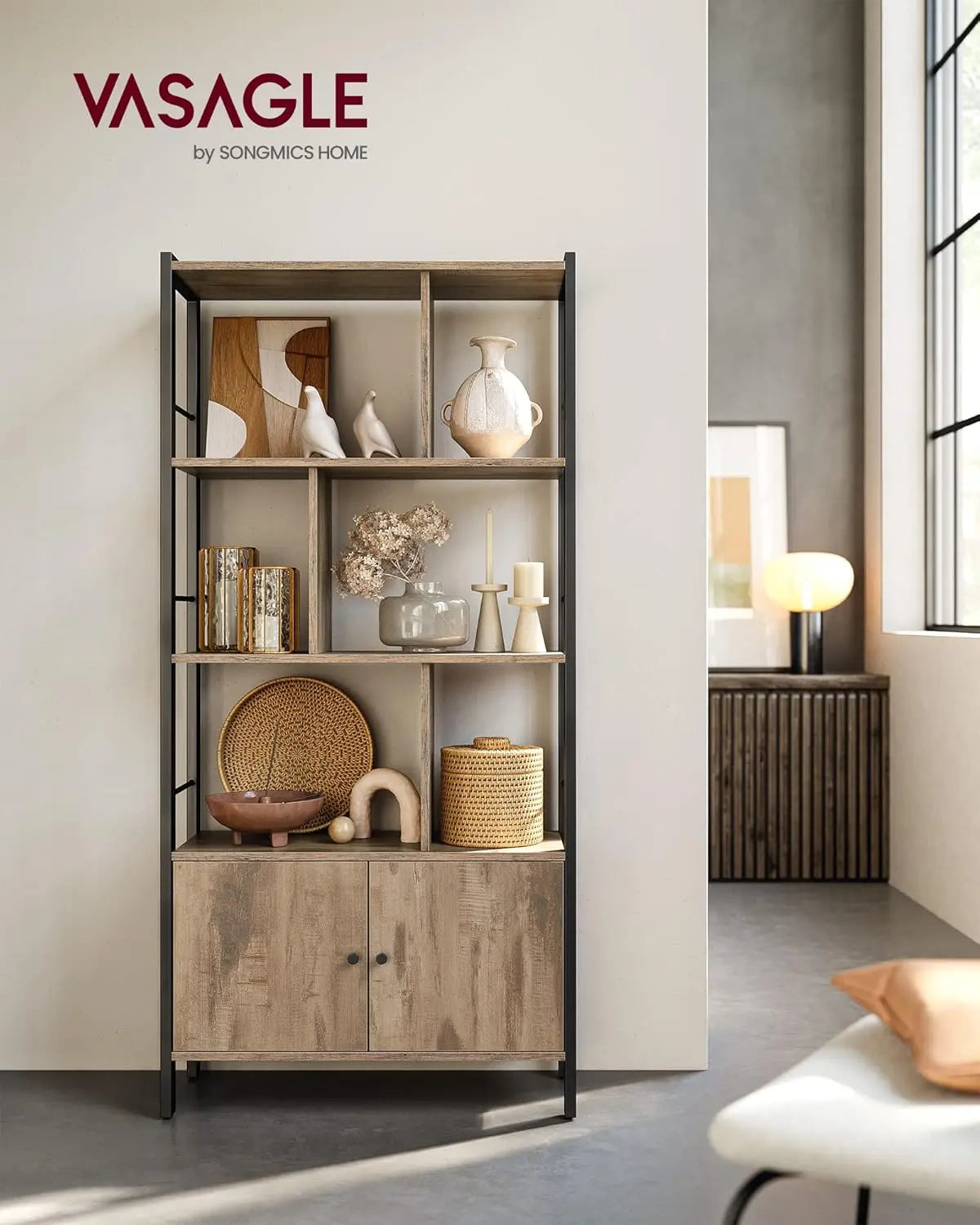 Bücherregal mit Türen Industrie-Design Stahlgestell Kamelbraun von Songmics