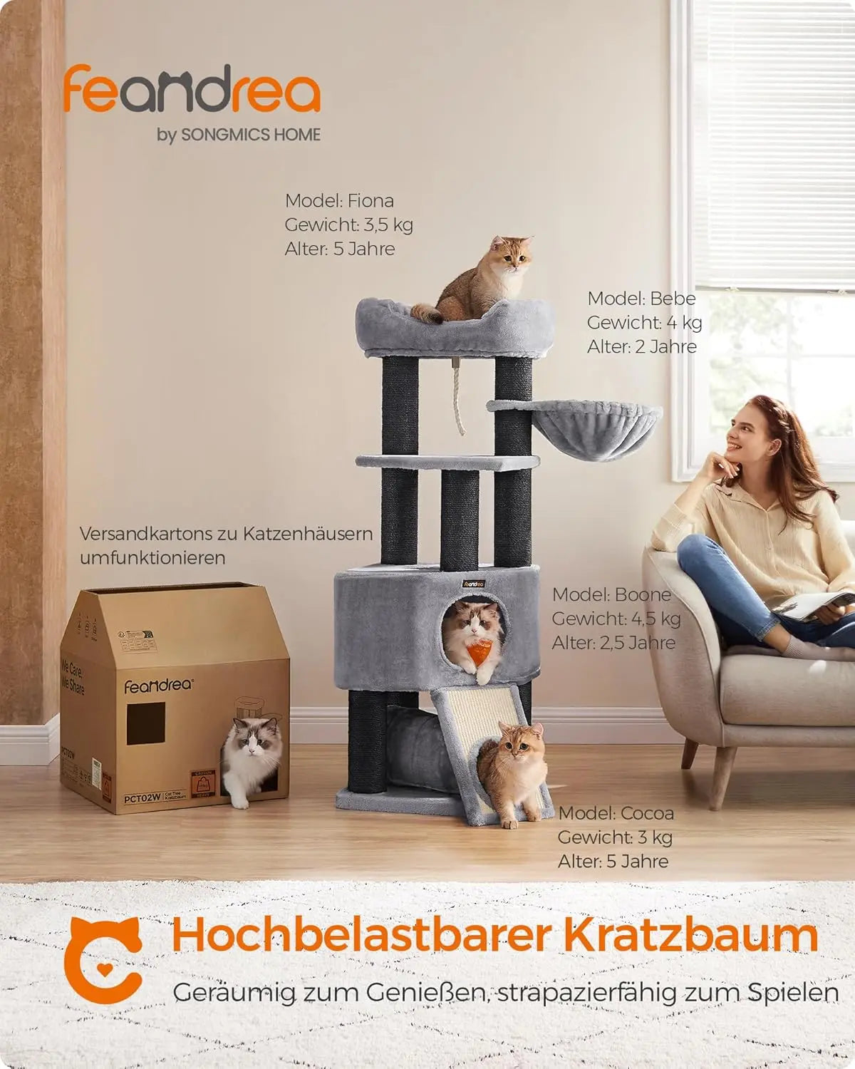 Kratzbaum mit Höhle und Hängematte hellgrau-schwarz von Songmics