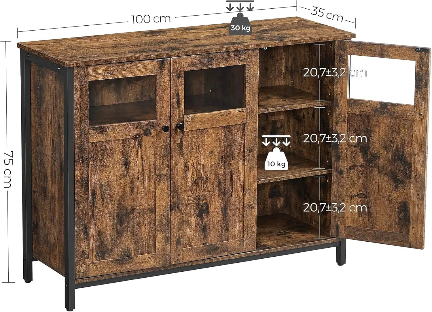 Sideboard Glastüren Industriestil Vintagebraun Stahl von Songmics