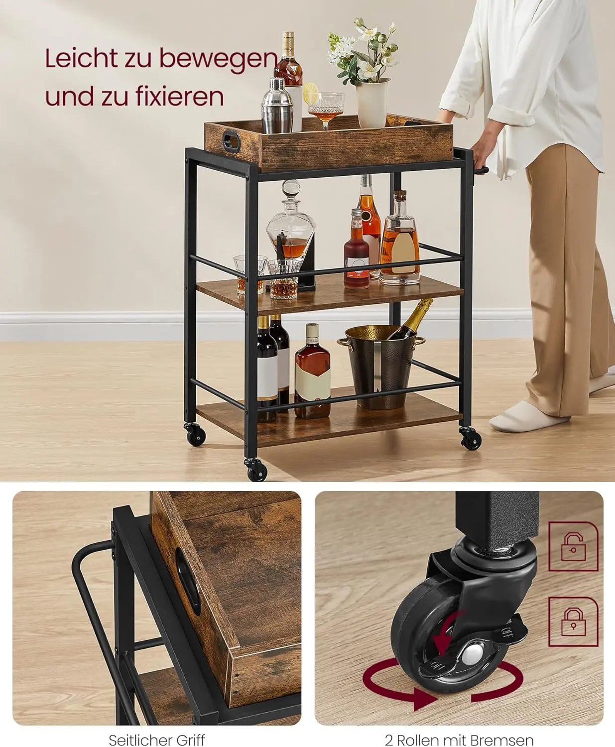 Servierwagen mit Tablett und Rollen vintagebraun von Songmics