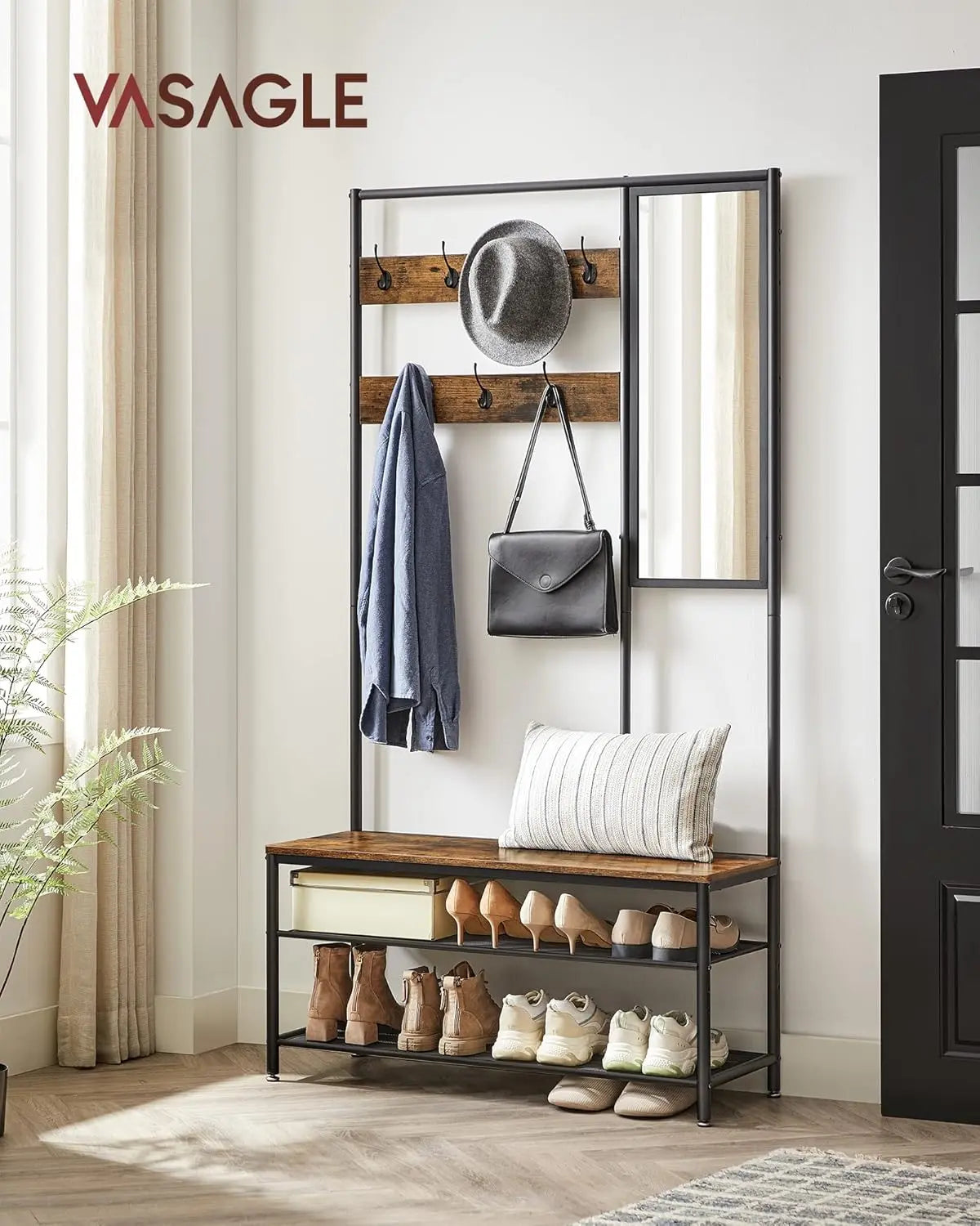 Kleiderständer Garderobe mit Spiegel Sitzbank Vintagebraun von Songmics