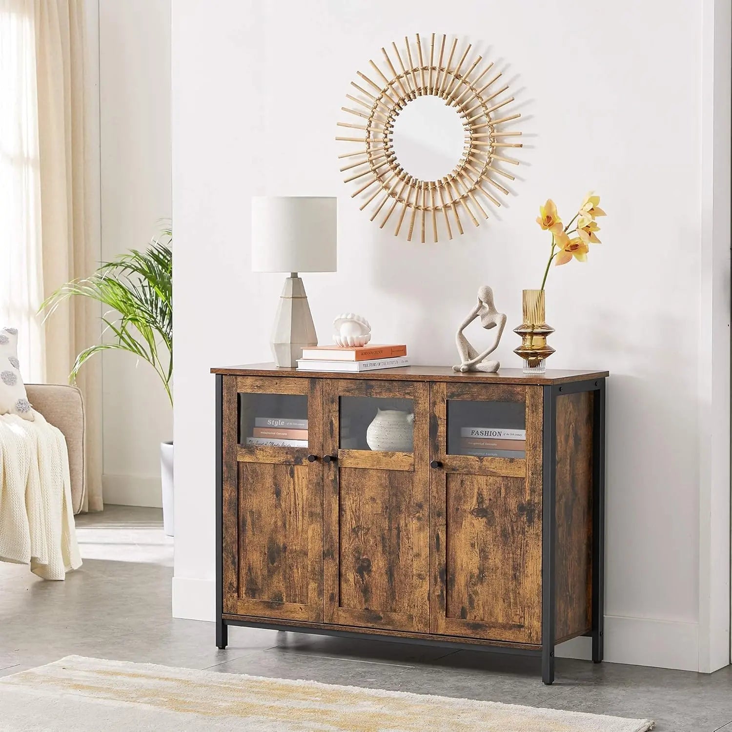 Sideboard Glastüren Industriestil Vintagebraun Stahl von Songmics