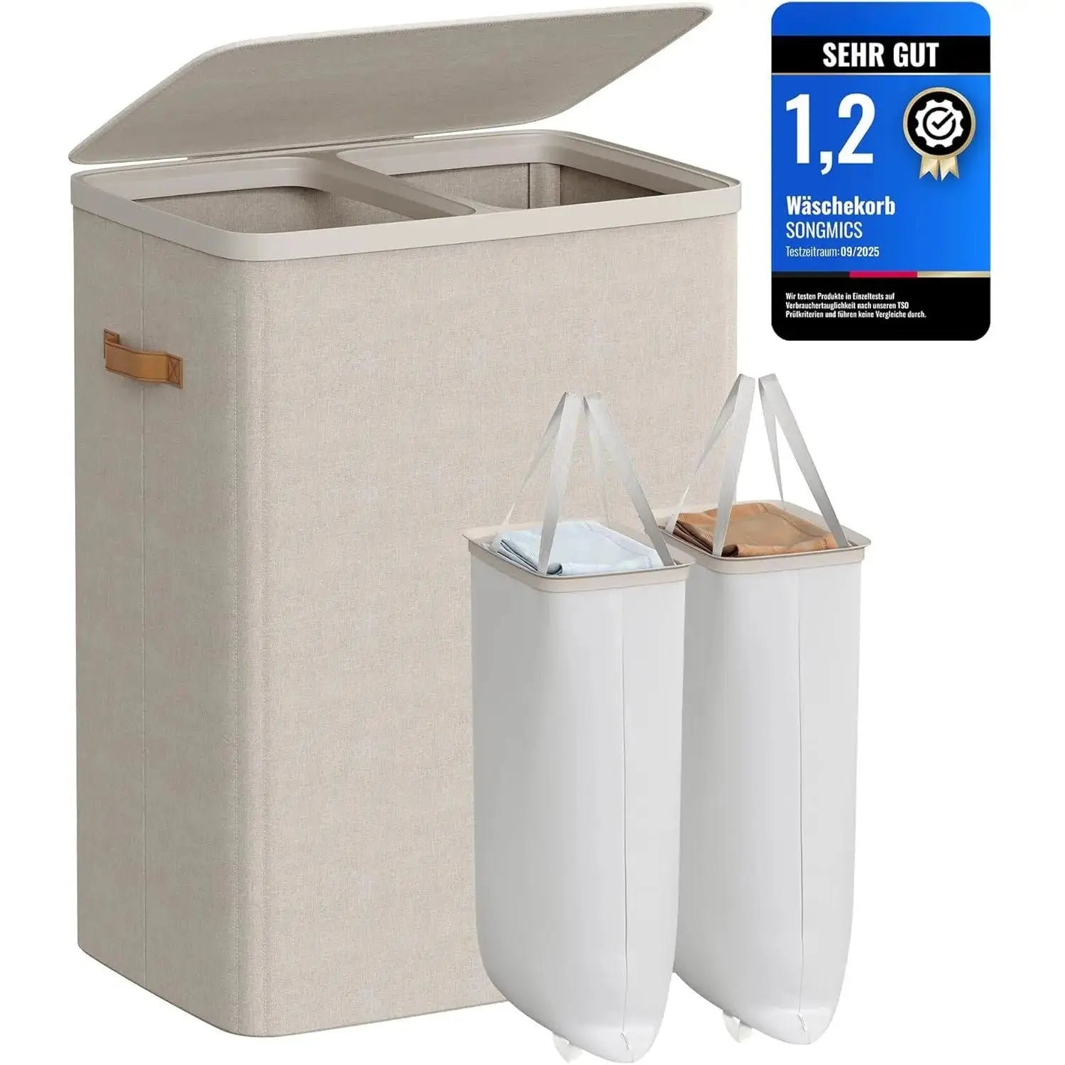 Wäschekorb Gross 170L Zwei Fächer Cappuccinobeige von Songmics