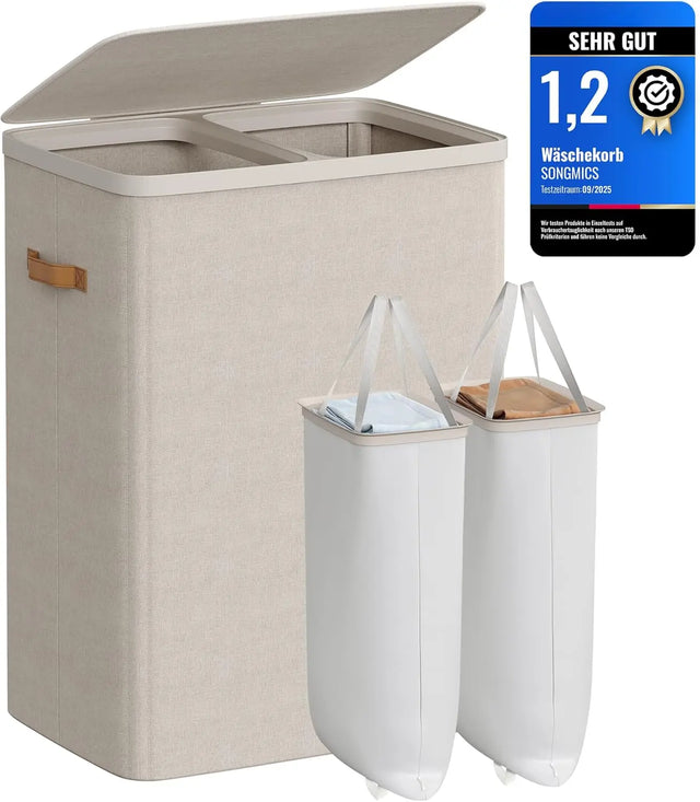 Wäschekorb Gross 170L Zwei Fächer Cappuccinobeige von Songmics