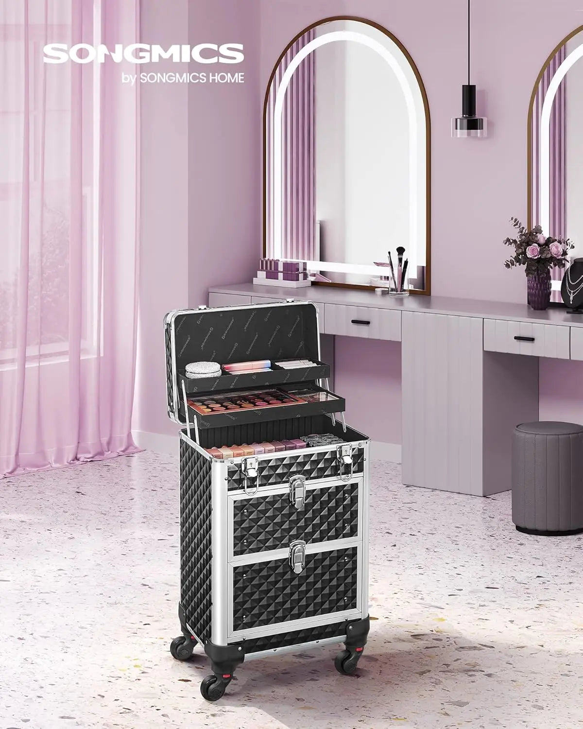 Kosmetikkoffer Trolley mit Schubladen Schwarz von Songmics