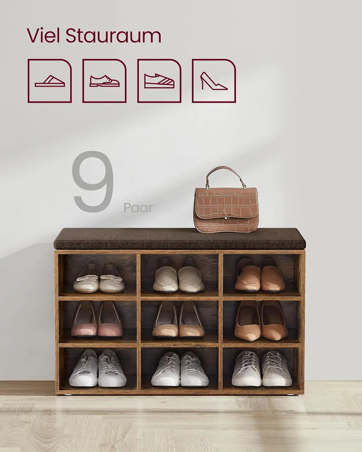 Schuhbank mit Stauraum und Kissen vintagebraun von Songmics