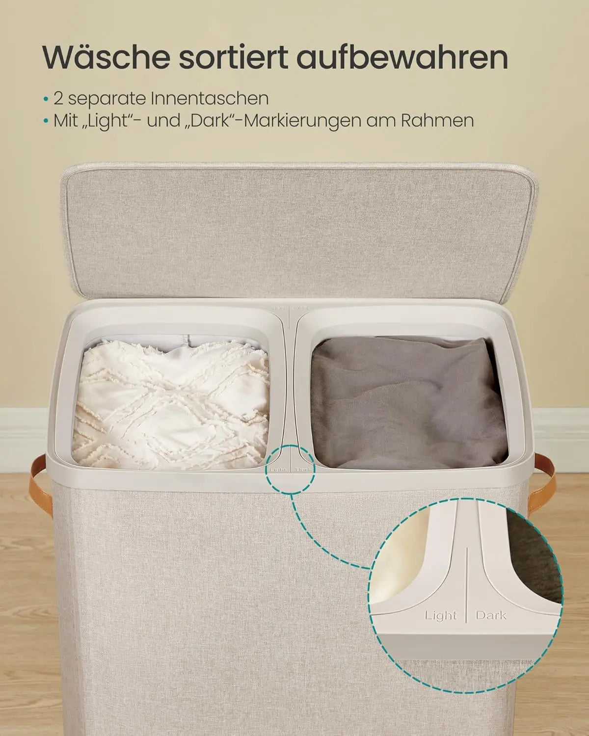 Wäschekorb Gross 170L Zwei Fächer Cappuccinobeige von Songmics