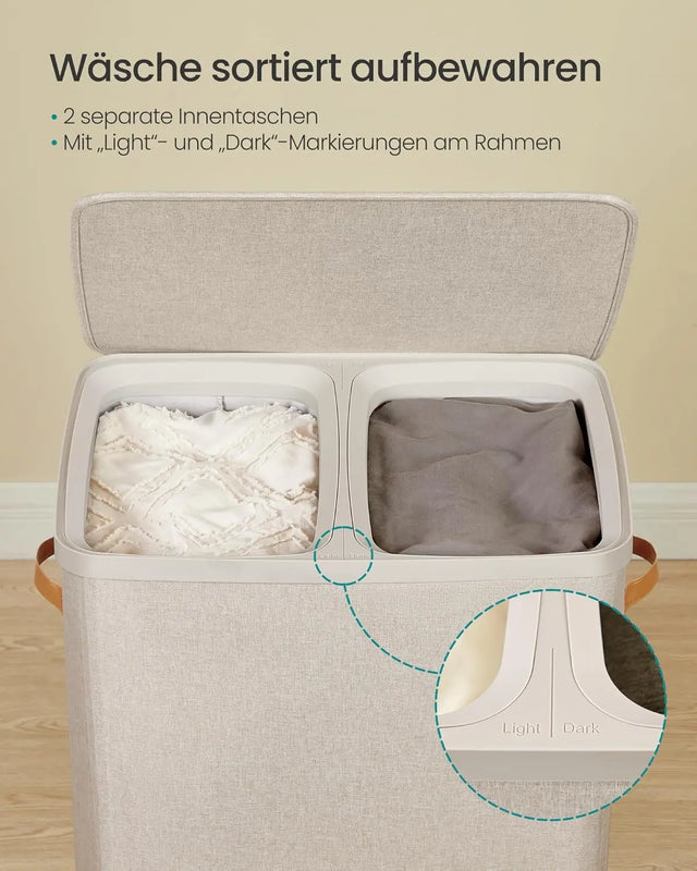 Wäschekorb Gross 170L Zwei Fächer Cappuccinobeige von Songmics