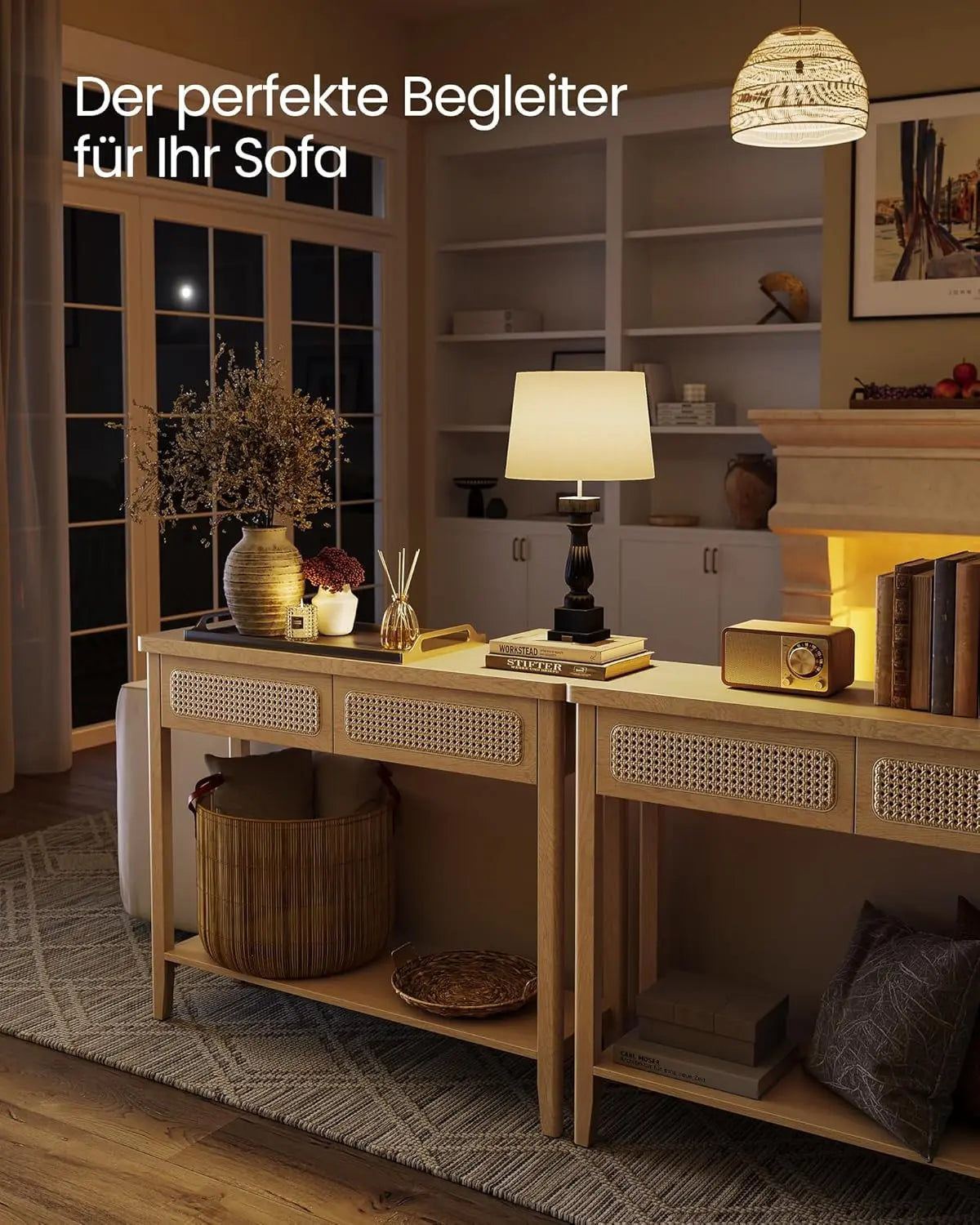 Konsolentisch Boho Stil Schubladen Eichenbeige von Songmics