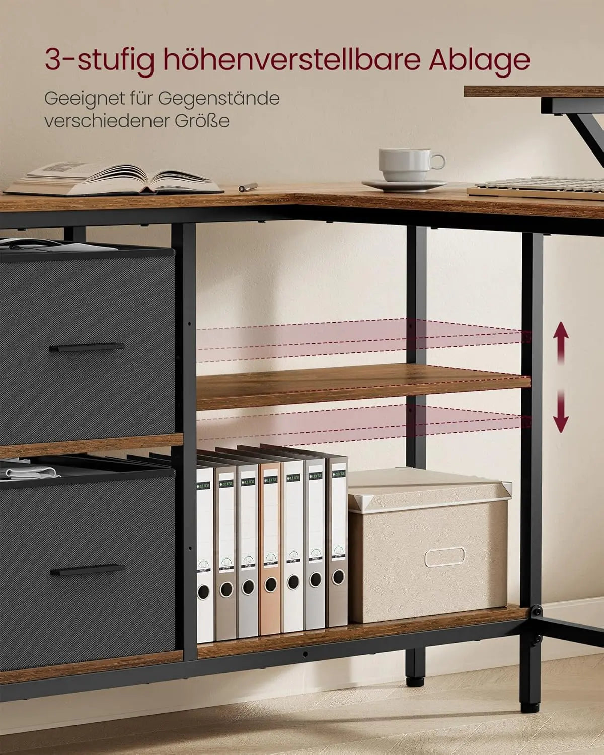 L-Schreibtisch mit Schubladen vintage braun von Songmics