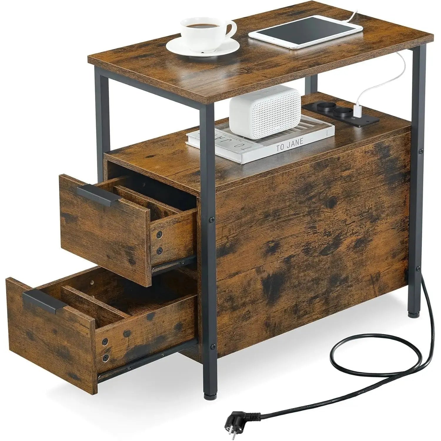 Beistelltisch mit Steckdosenleiste Vintagebraun-Schwarz von Songmics