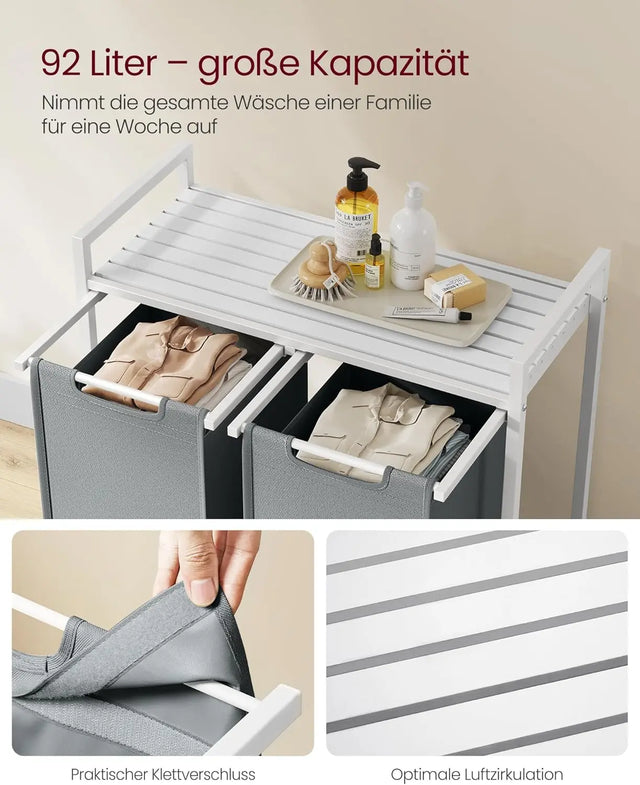 Wäschekorb mit 2 Fächern und Ablage, schiefergrau-mattweiss von Songmics