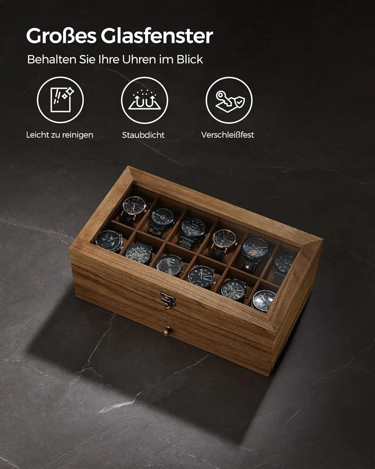 Uhrenbox Massivholz 12 Fächer Walnuss von guteszeug.ch