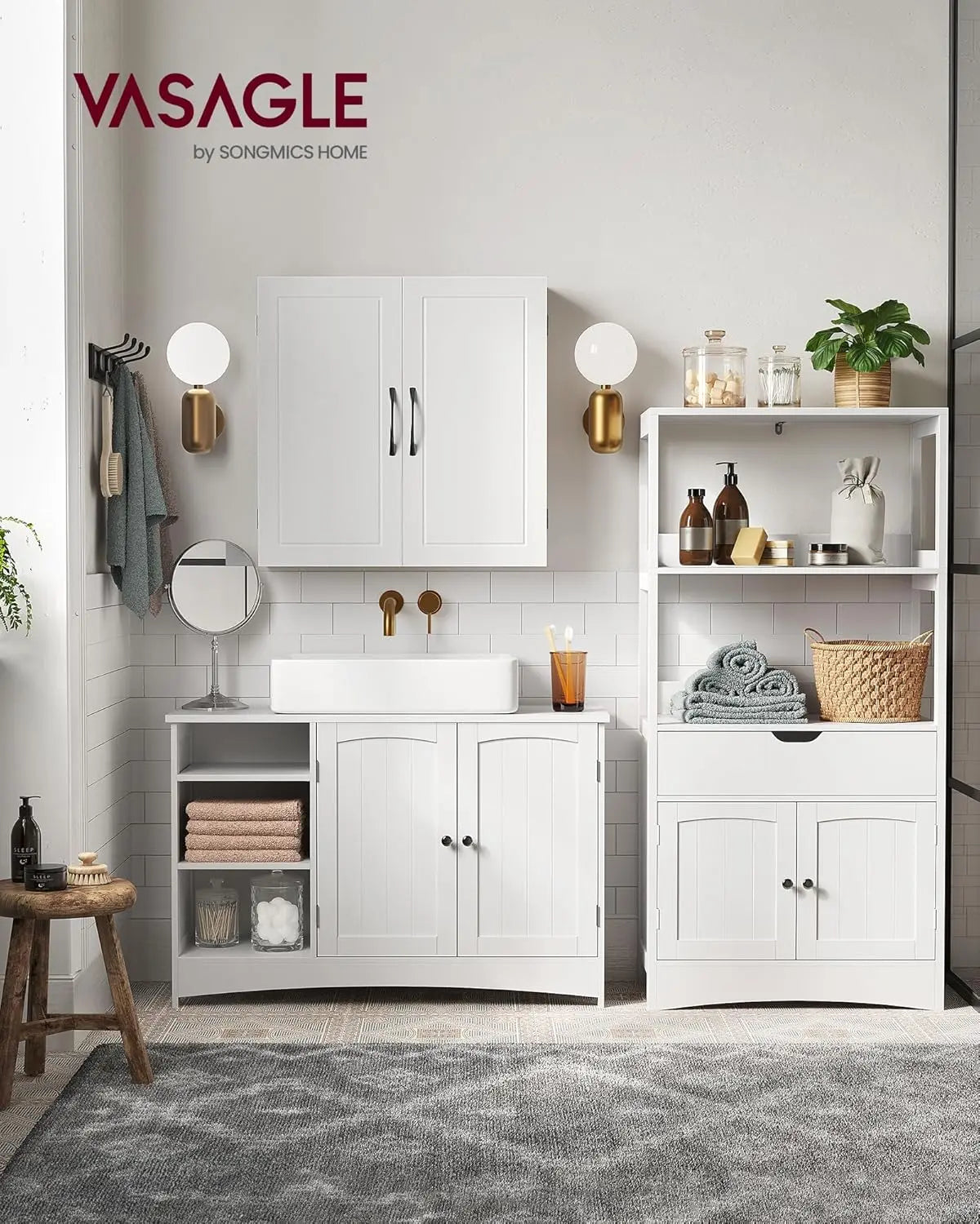 Waschbeckenunterschrank mit Türen und Fächern Weiss von Songmics