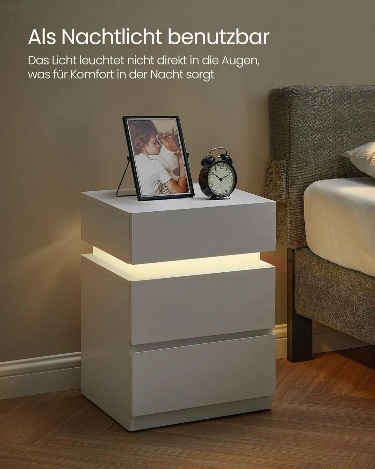 Nachttisch LED-Beleuchtung 3 Schubladen Weiss von Songmics