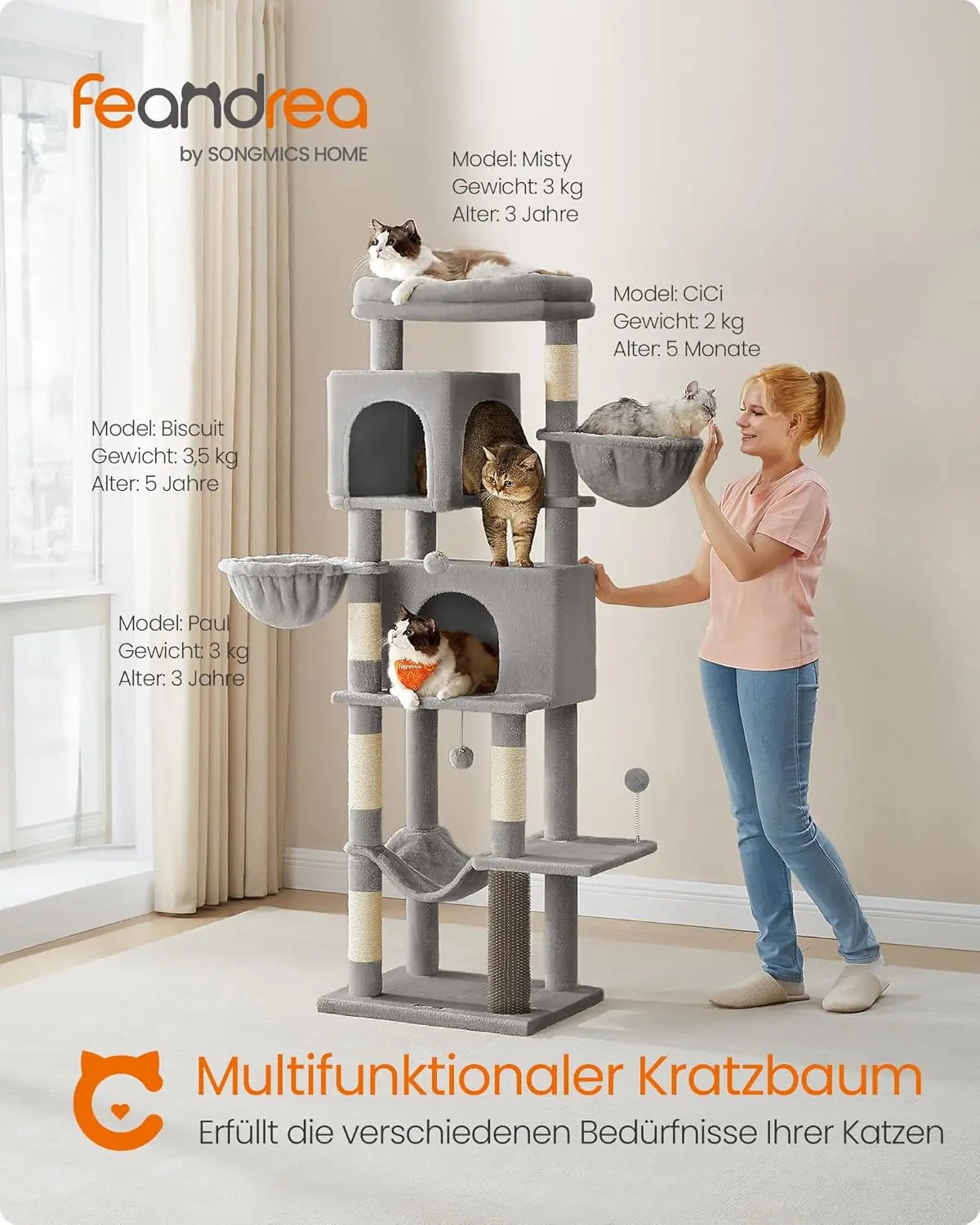 Kratzbaum XL mehrstöckig mit Höhlen Taubengrau von Songmics