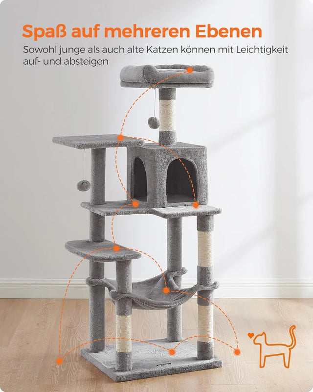 Kratzbaum Katzenhaus mit Hängematte hellgrau von Songmics