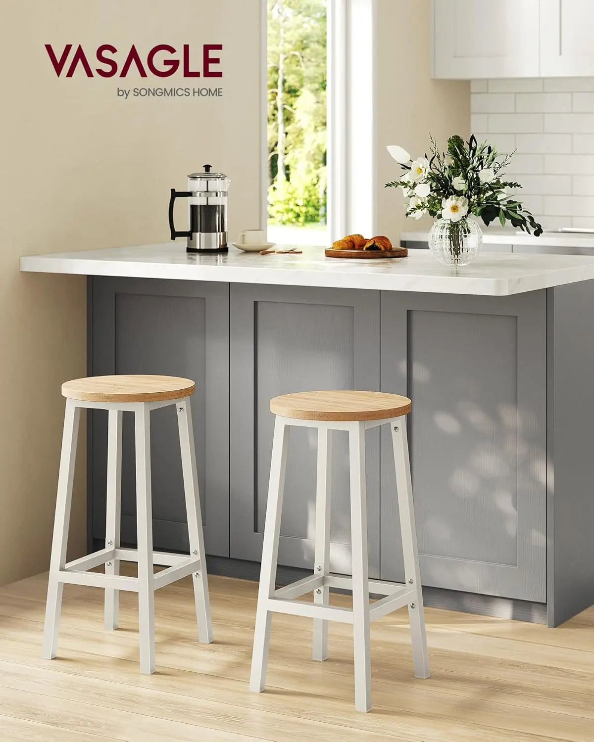 Barhocker 2er-Set Metallgestell Eichenbeige-Weiss von Songmics