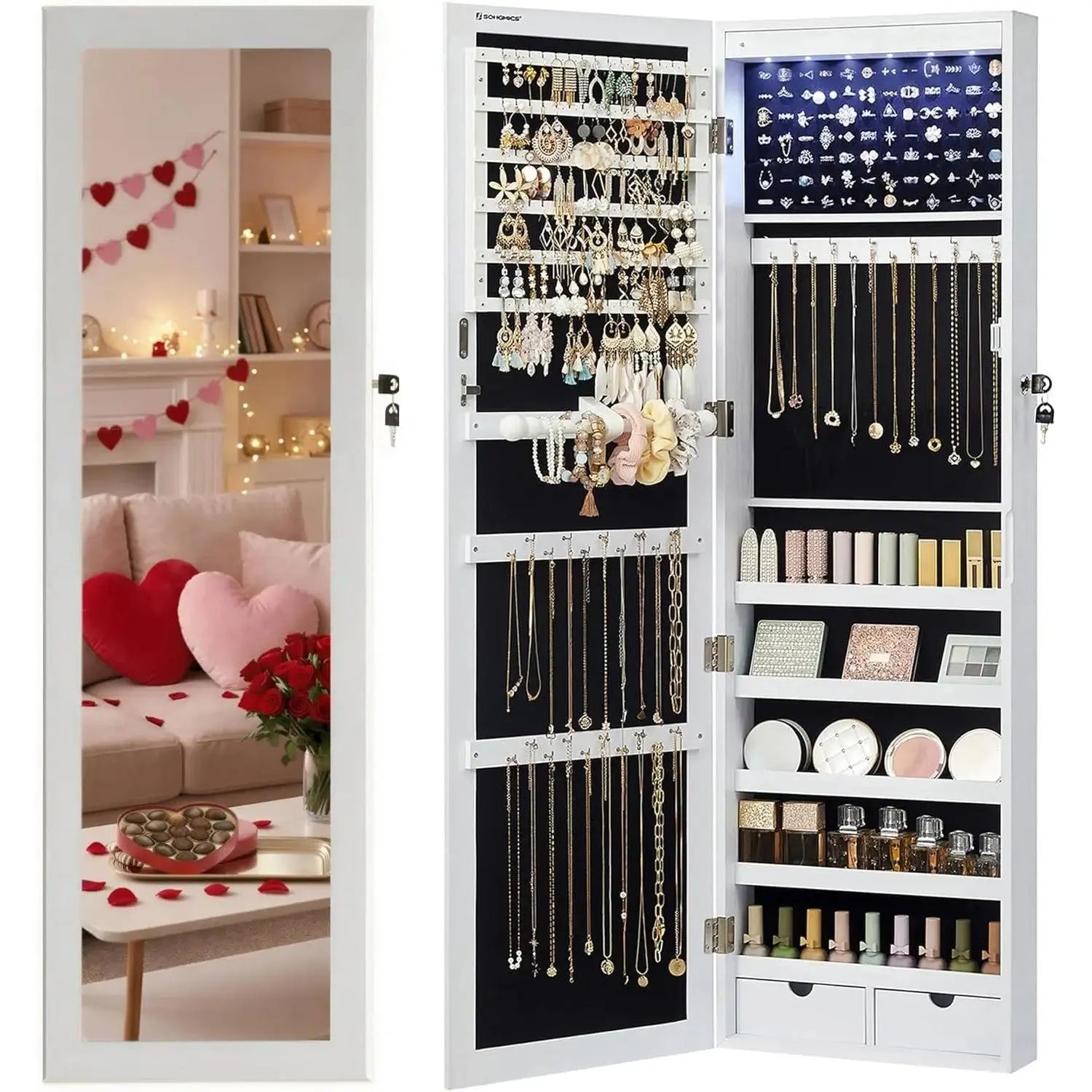 Schmuckschrank hängend LED weiss Holzmaserung von Songmics