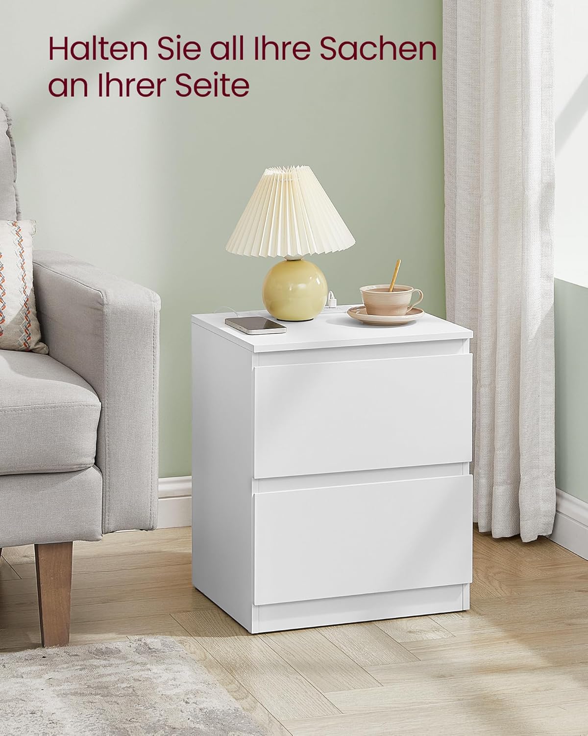 Nachttisch mit Steckdosen 2 Stück weiss Holz von Songmics