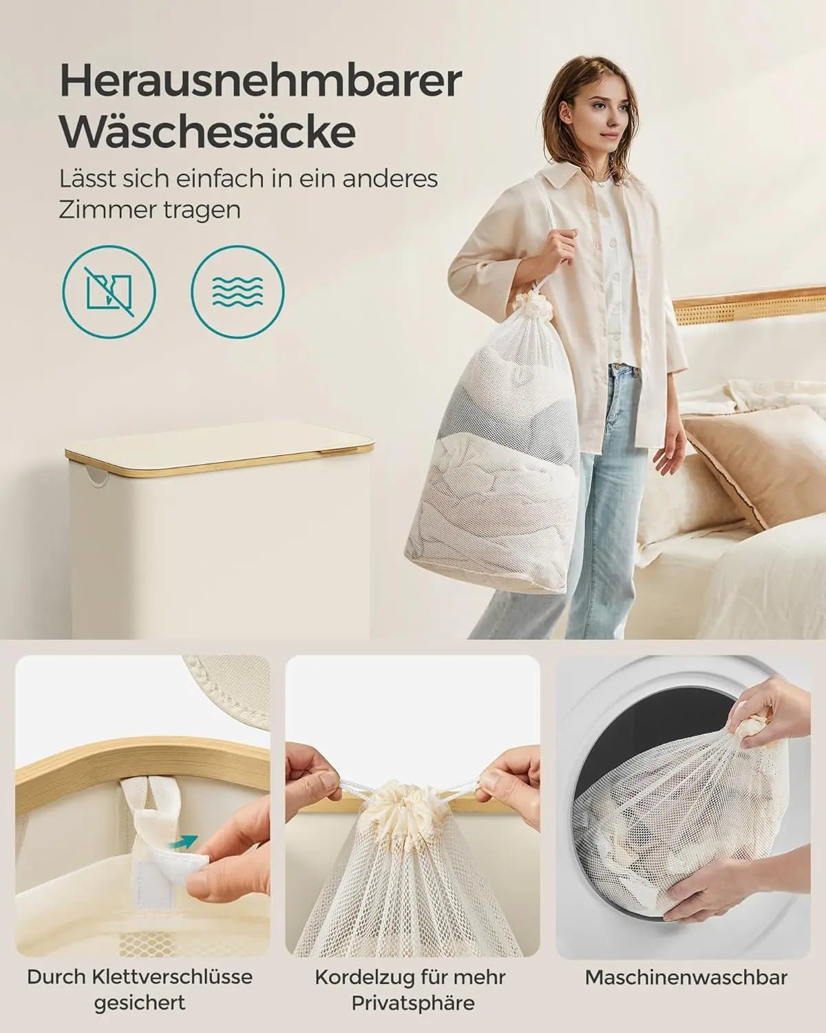 Wäschekorb mit Deckel 3 Fächer Cremeweiss von Songmics