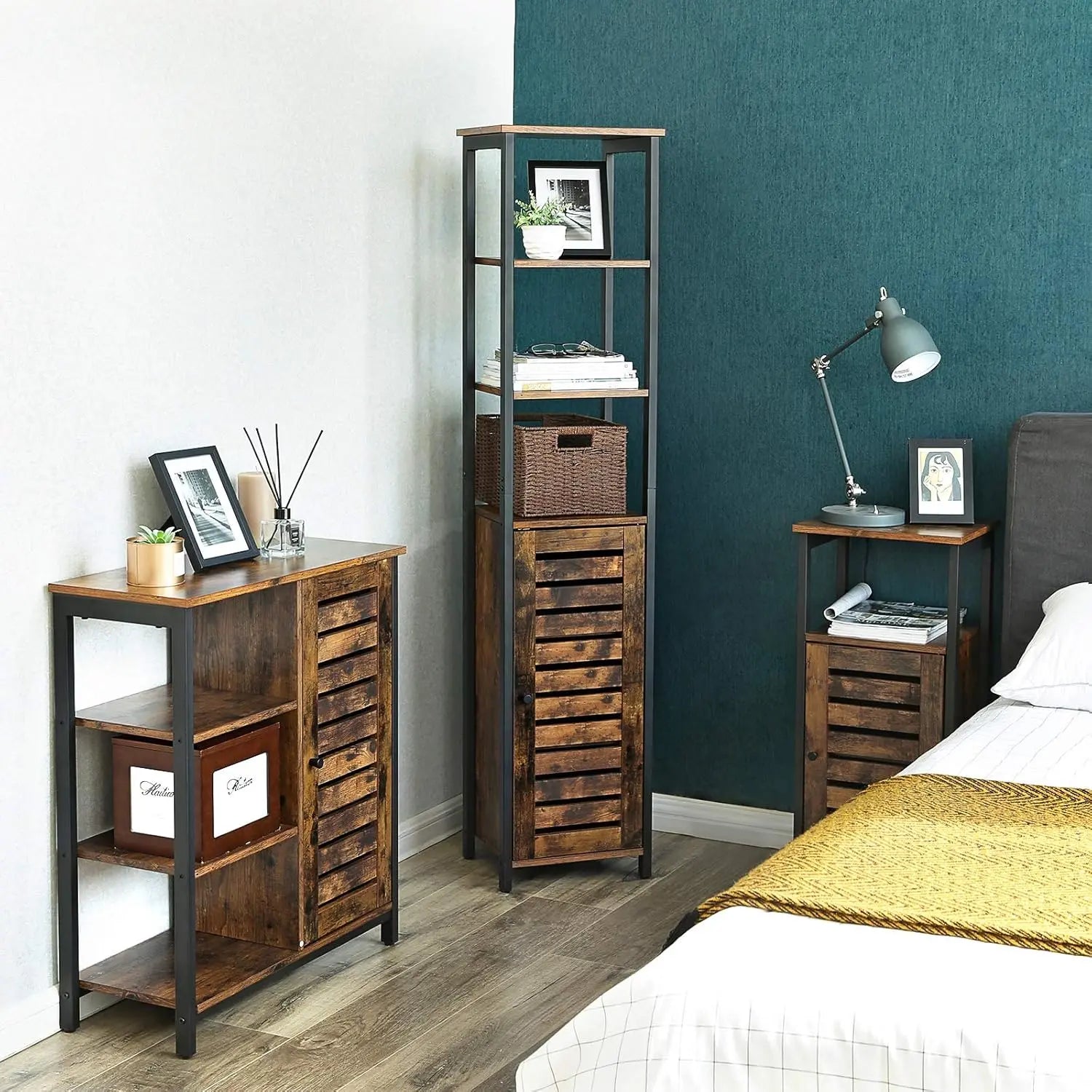 Hochschrank Schmal Offene Versteckte Ablagen Vintagebraun von Songmics