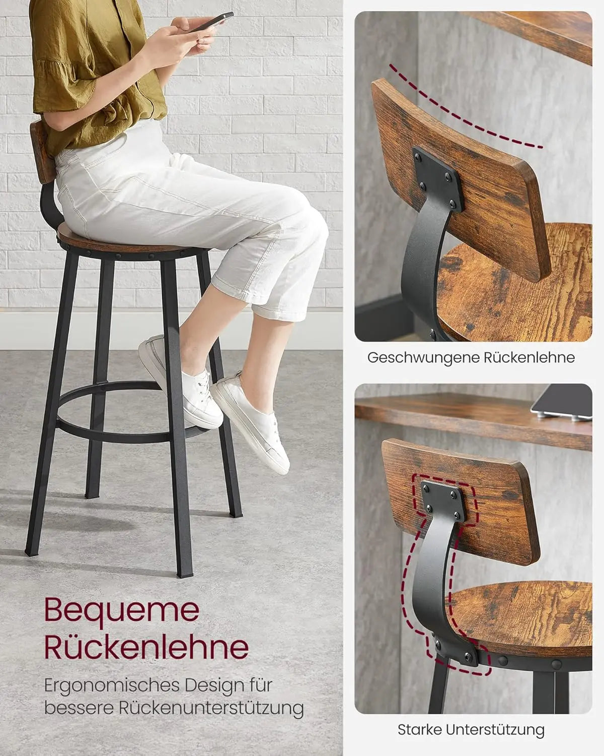 Barhocker 2er Set Metallgestell 73cm Vintagebraun von Songmics