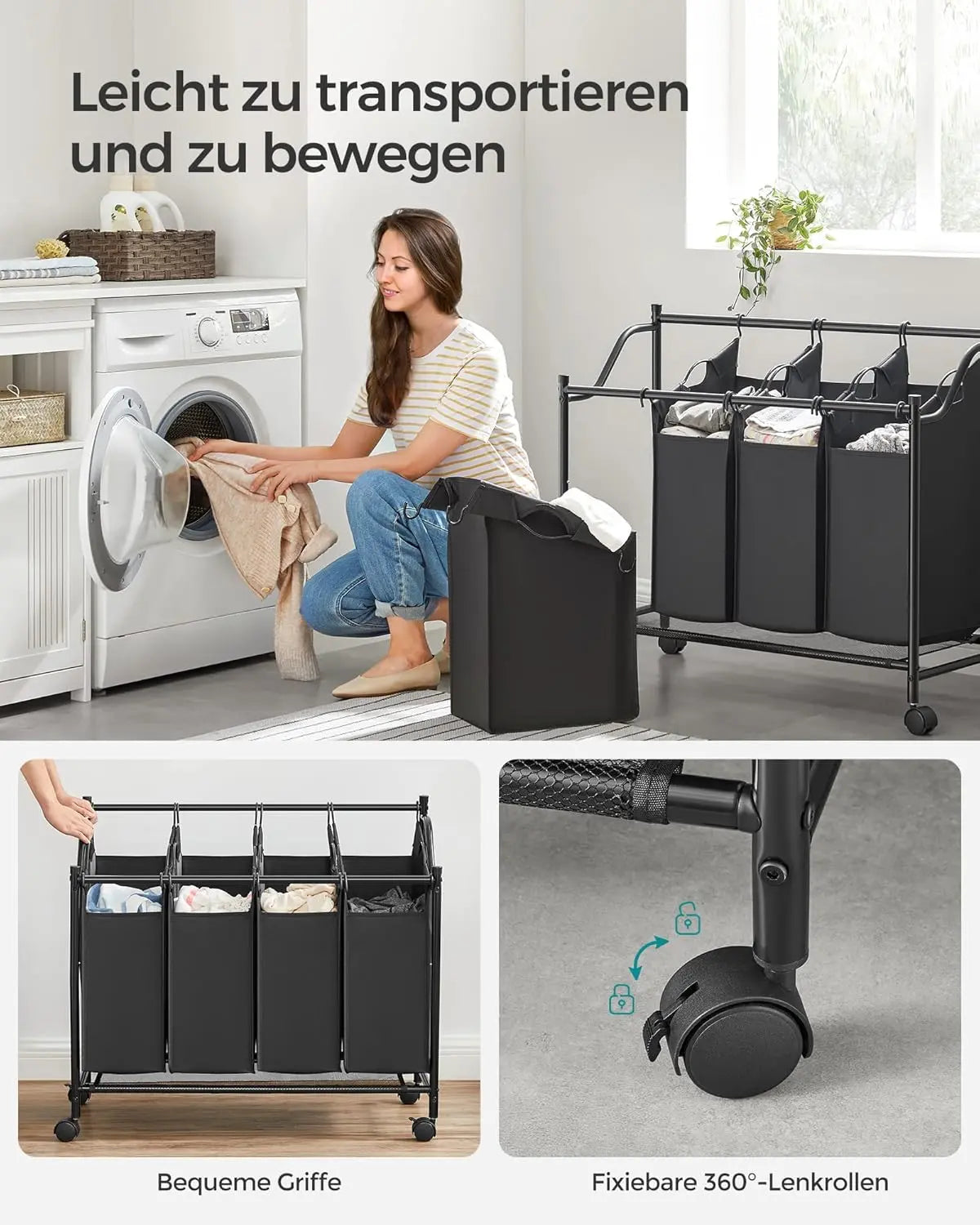 Wäschekorb mit Rollen, 4 Fächer, schwarz von Songmics
