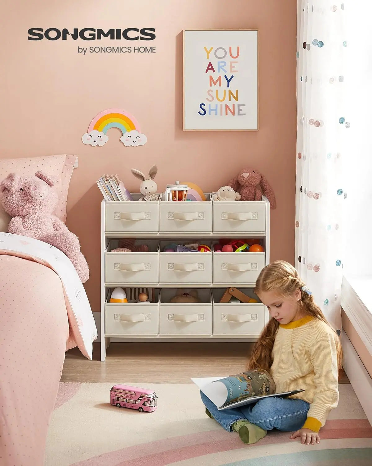 Kinderregal Spielzeugregal 9 Boxen Weiss Stoff von Songmics