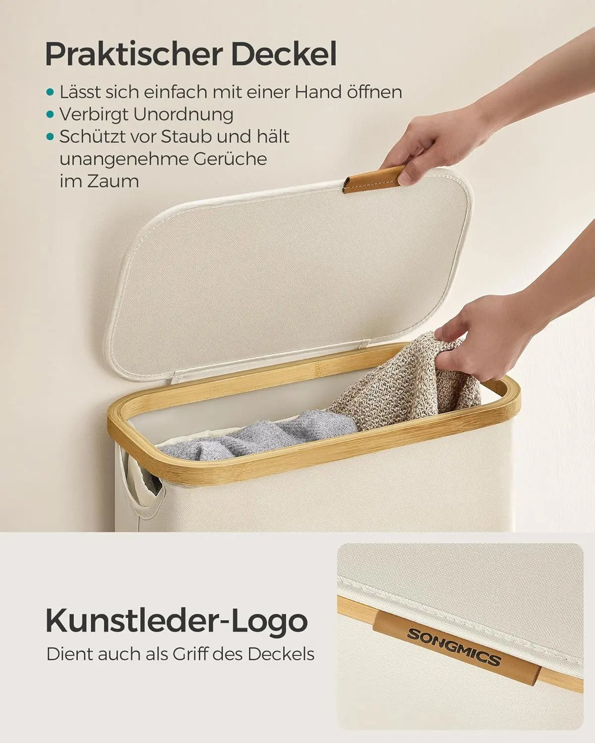 Wäschekorb 65L Bambus cremeweiss Oxford von Songmics