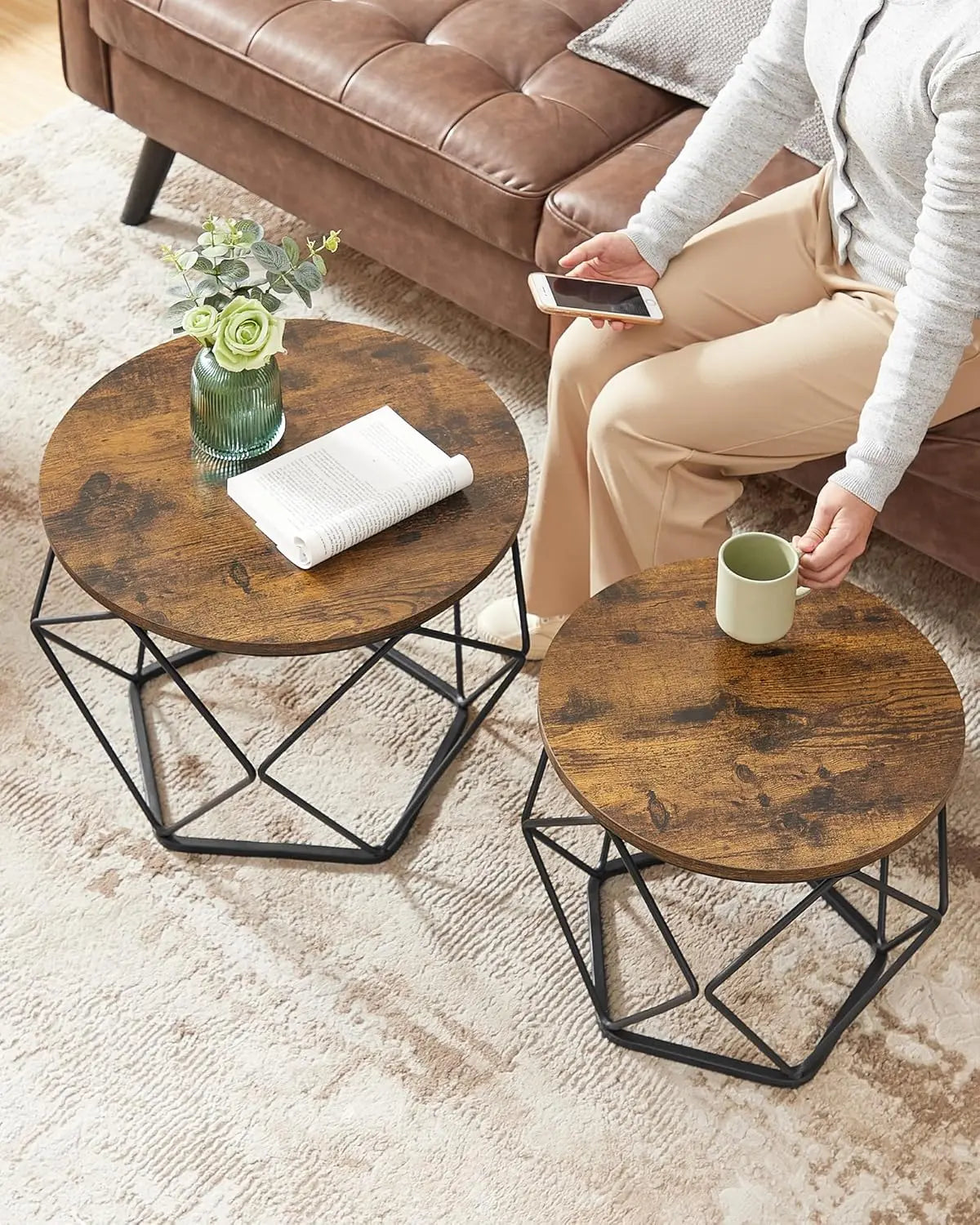 Couchtisch-Set rund abnehmbar braun Stahl von Songmics