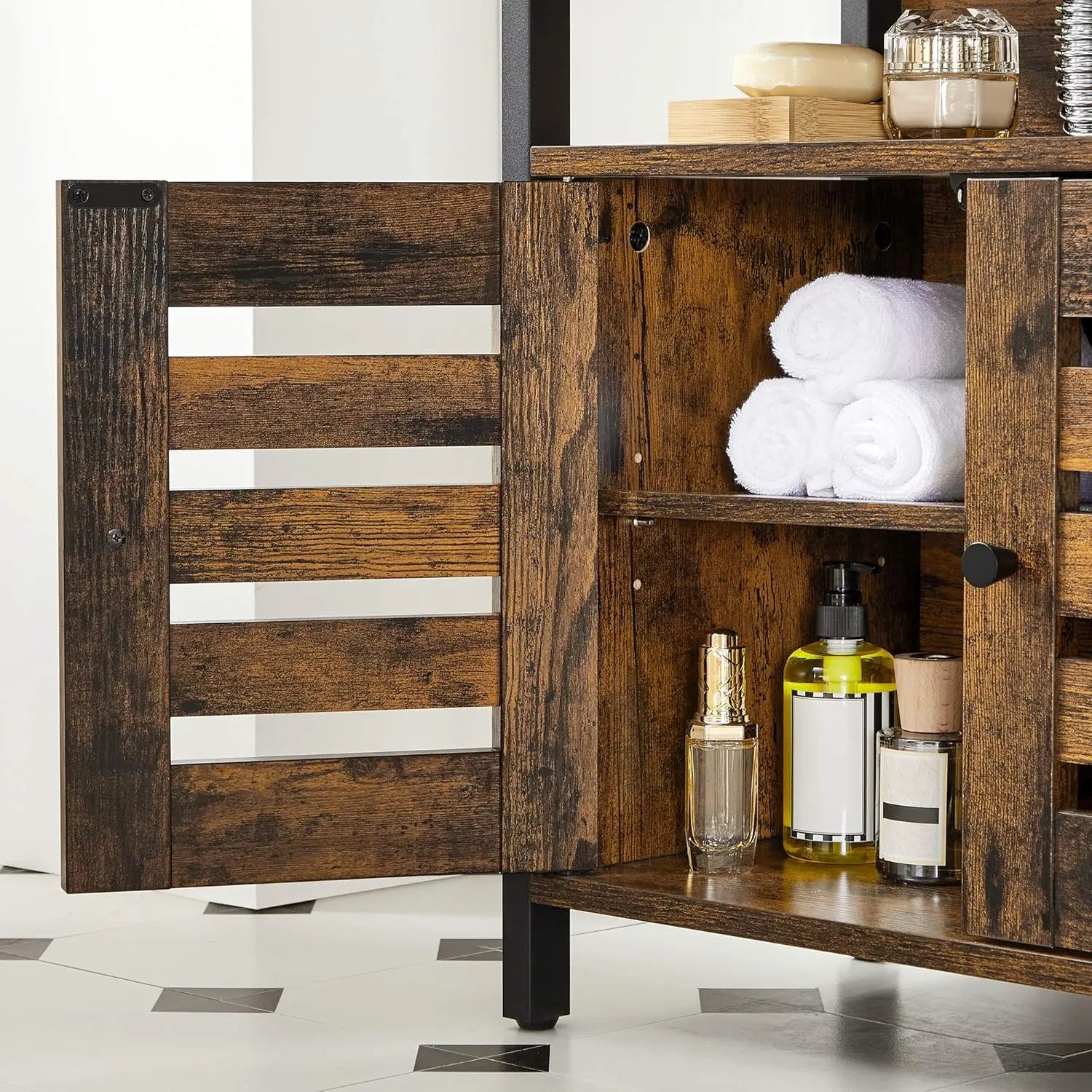 Waschbeckenunterschrank mit Lamellentüren vintagebraun-schwarz von Songmics