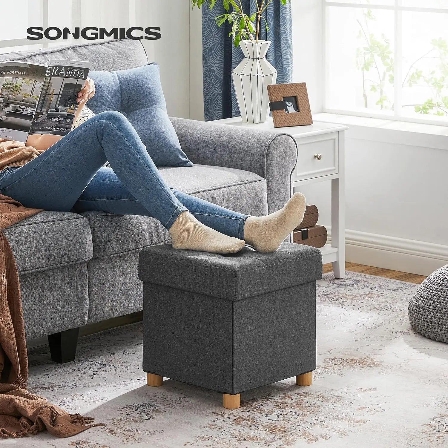 Sitzhocker Aufbewahrungsbox Fussbank schiefergrau von Songmics