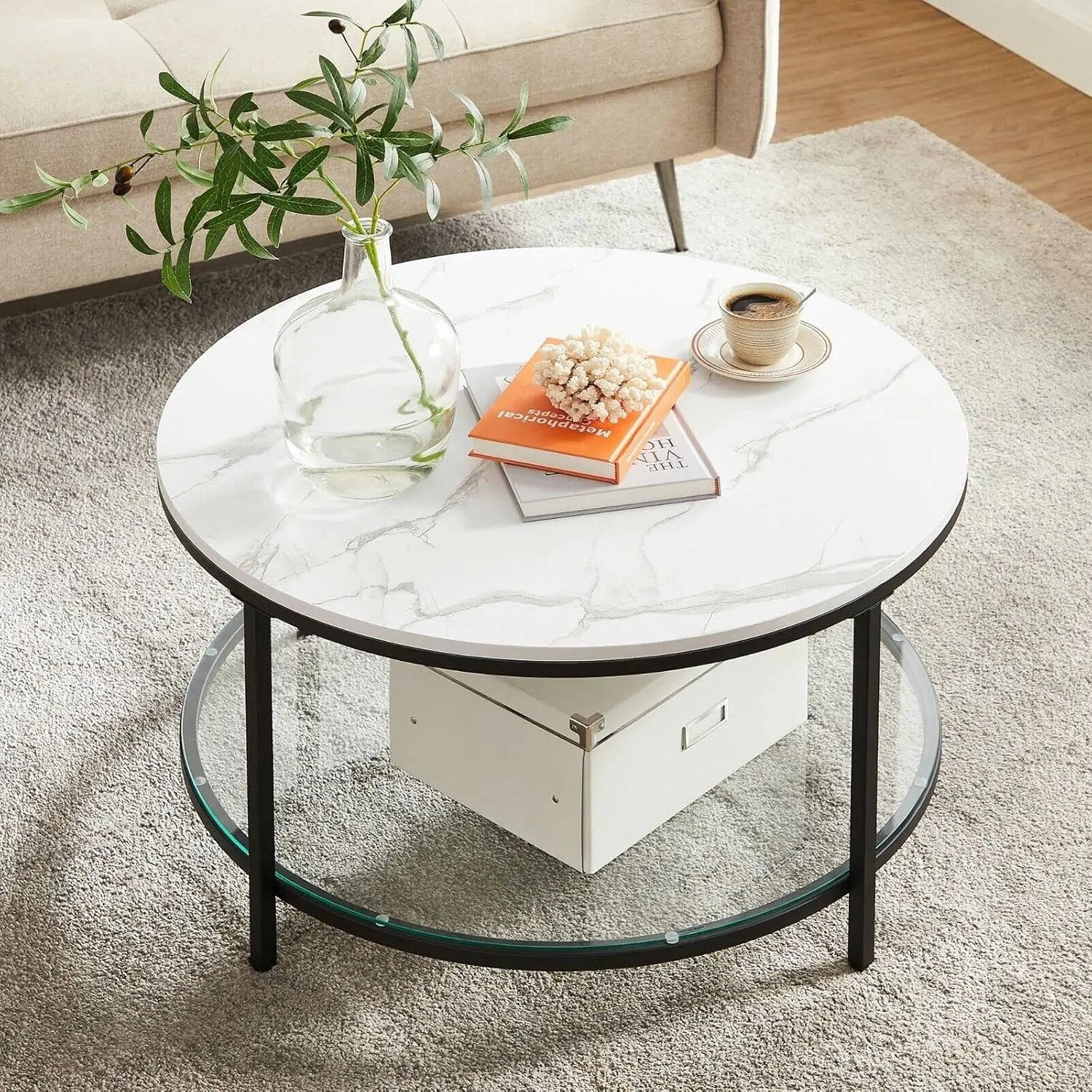 Couchtisch mit Glasplatte viel Stauraum marmorweiss von Songmics