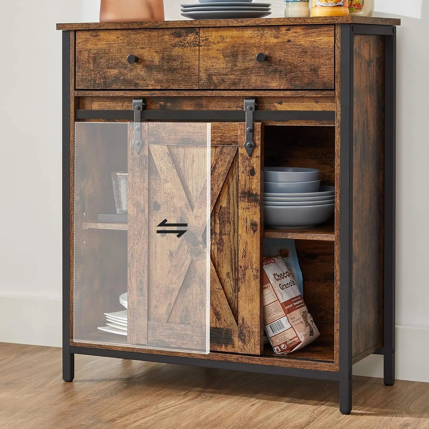 Sideboard Küchenschrank Landhausstil Vintagebraun-Schwarz von Songmics