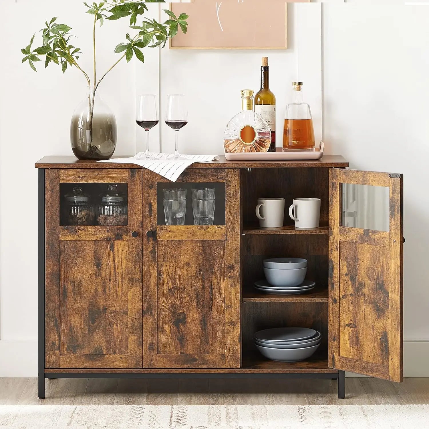 Sideboard Glastüren Industriestil Vintagebraun Stahl von Songmics