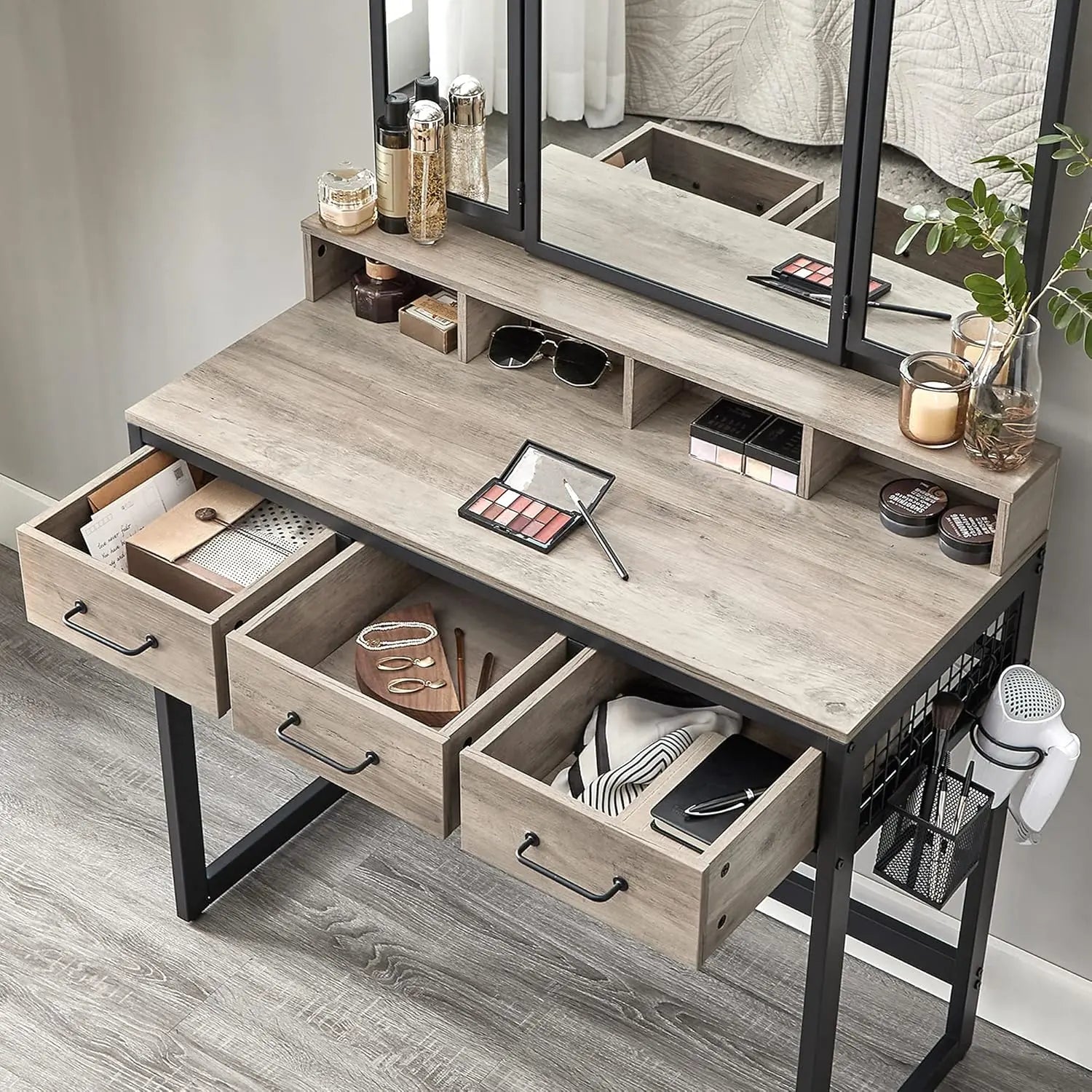 Schminktisch mit Spiegel und Hocker Greige Schwarz von Songmics