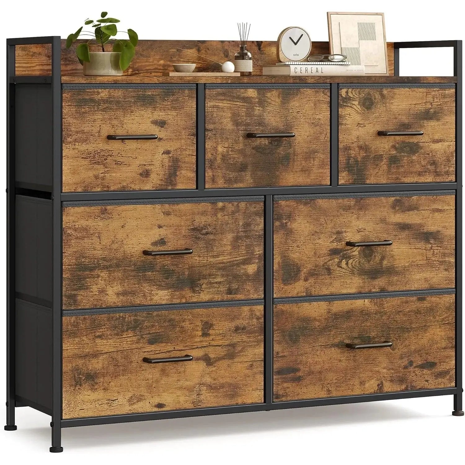 Kommode Stoffschubladen Metallgestell Vintagebraun Schwarz von Songmics