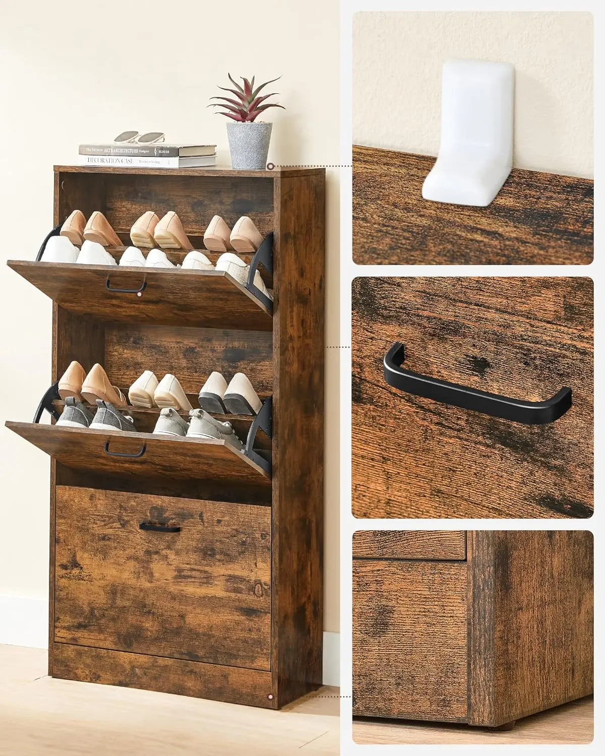 Schuhschrank 3 Türen schmal rustikal Holz von Songmics
