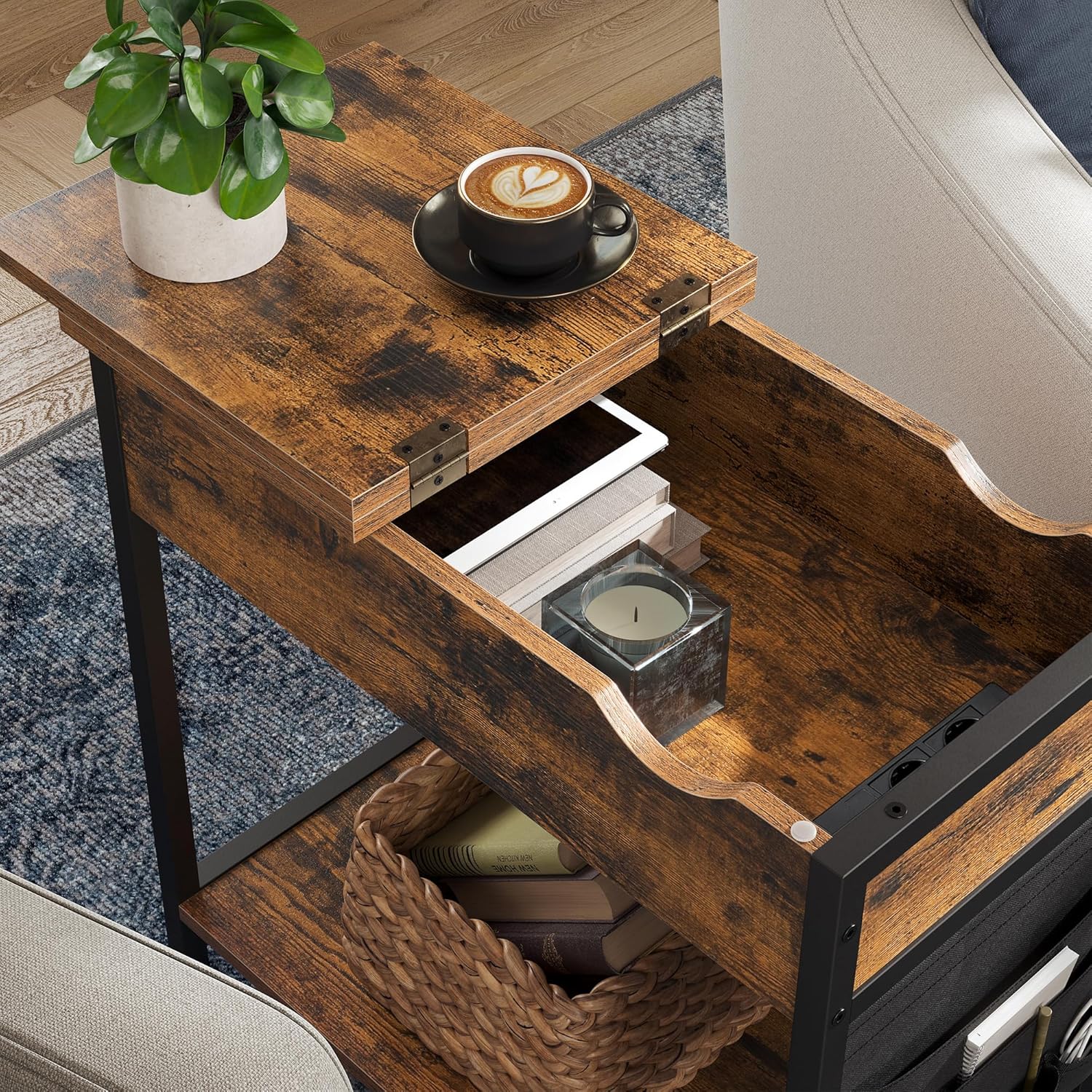 Beistelltisch mit Steckdose USB vintagebraun-schwarz von Songmics