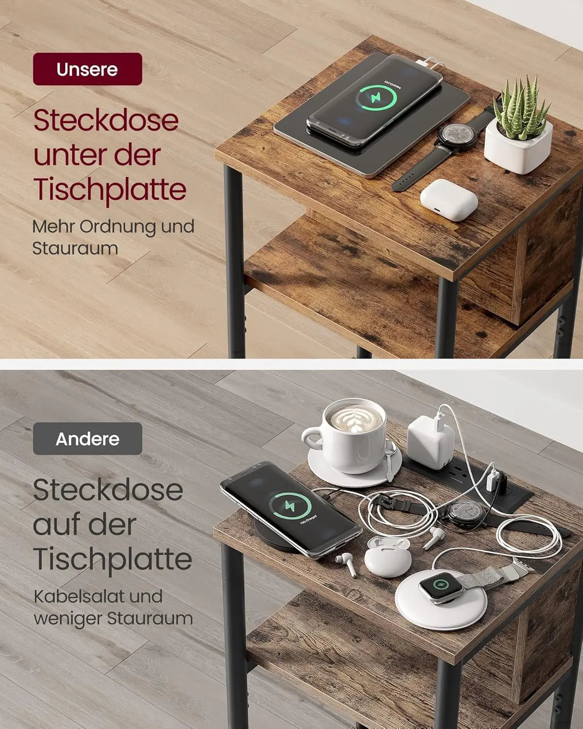 Beistelltisch mit Steckdose Vintagebraun-Schwarz von Songmics