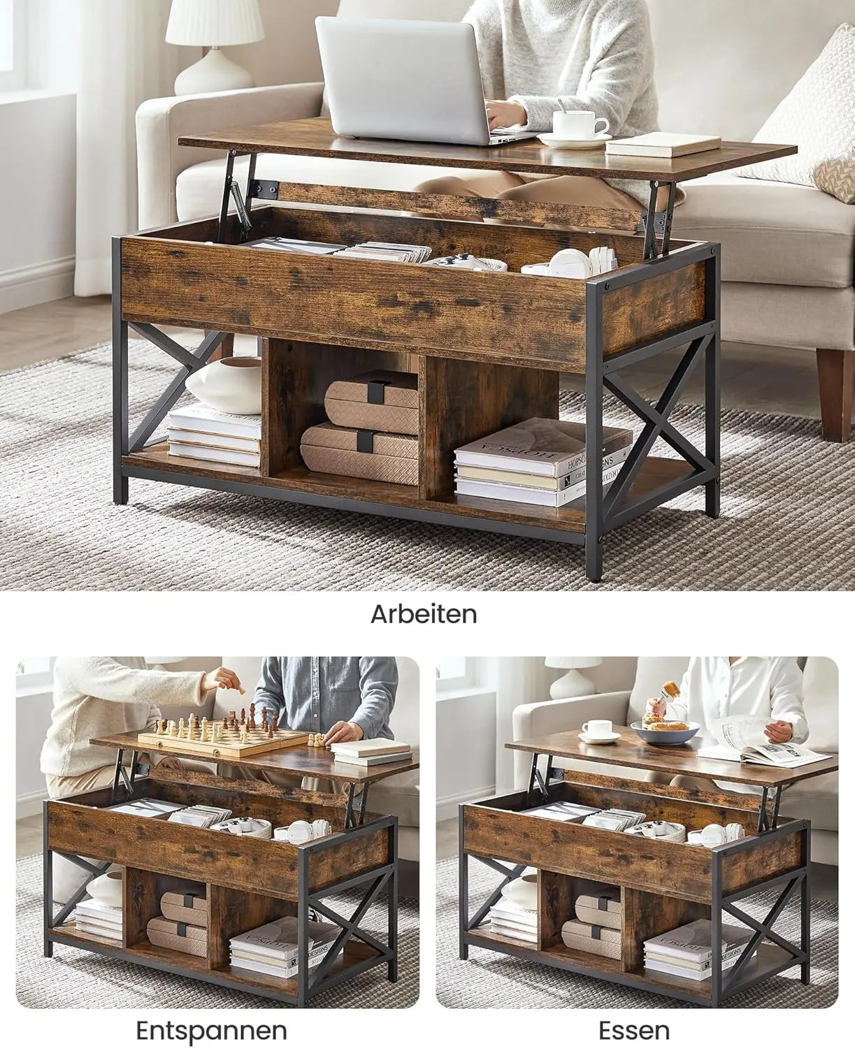 Couchtisch höhenverstellbar Stauraum vintagebraun Stahl von Songmics