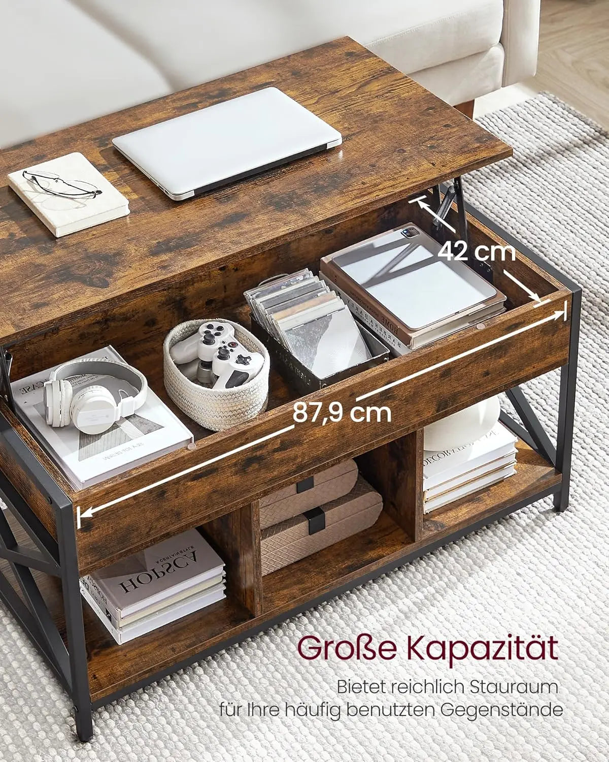 Couchtisch höhenverstellbar Stauraum vintagebraun Stahl von Songmics