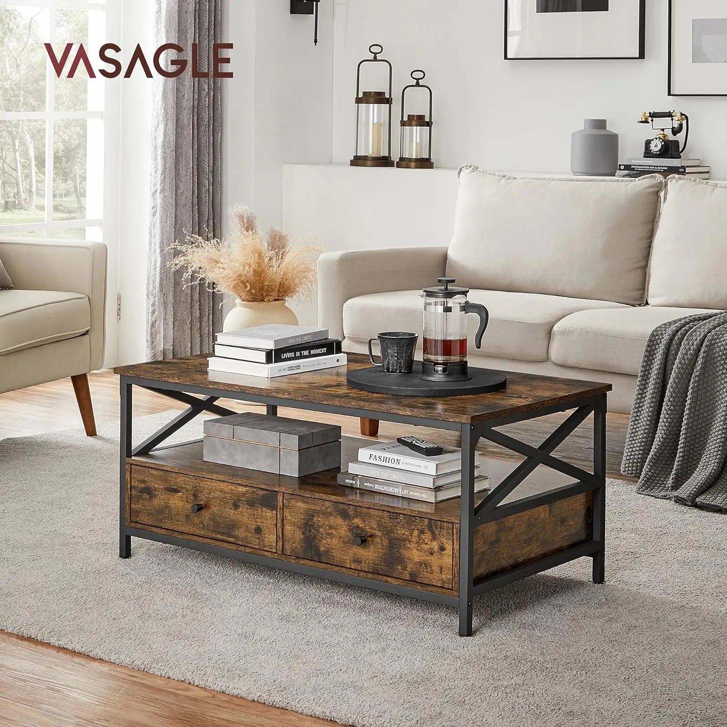 Couchtisch Wohnzimmer Schubladen Industrie Vintagebraun Schwarz von Songmics