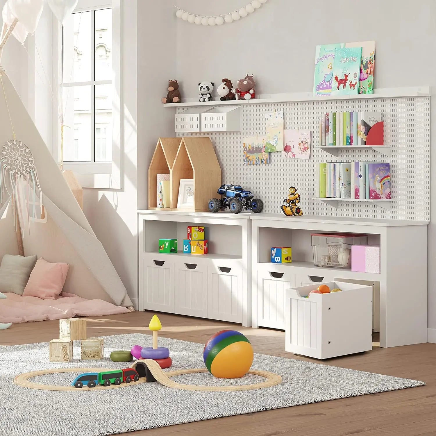 Spielzeugschrank mit Rollen weiß Holz von guteszeug.ch
